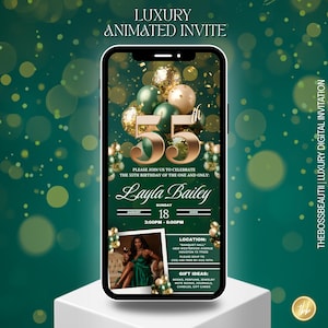 Könnte beinhalten: Eine digitale Einladung auf einem Smartphone-Bildschirm zum 55. Geburtstag von Layla Bailey. Das Design zeigt goldene und grüne Luftballons, die Zahl 55 und Eventdetails. Die Einladung enthält ein Foto einer Frau in einem grünen Kleid.