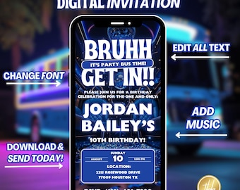 Invitación de autobús de fiesta azul, invitación para niños, solo para niños, invitación genial, invitación de autobús de fiesta, invitación de mensaje de texto para fiesta de cumpleaños