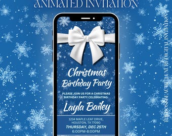 Invitation numérique animée de Noël de fête d'anniversaire de Noël bleue, invitation de Noël, message texte evite, assez chic