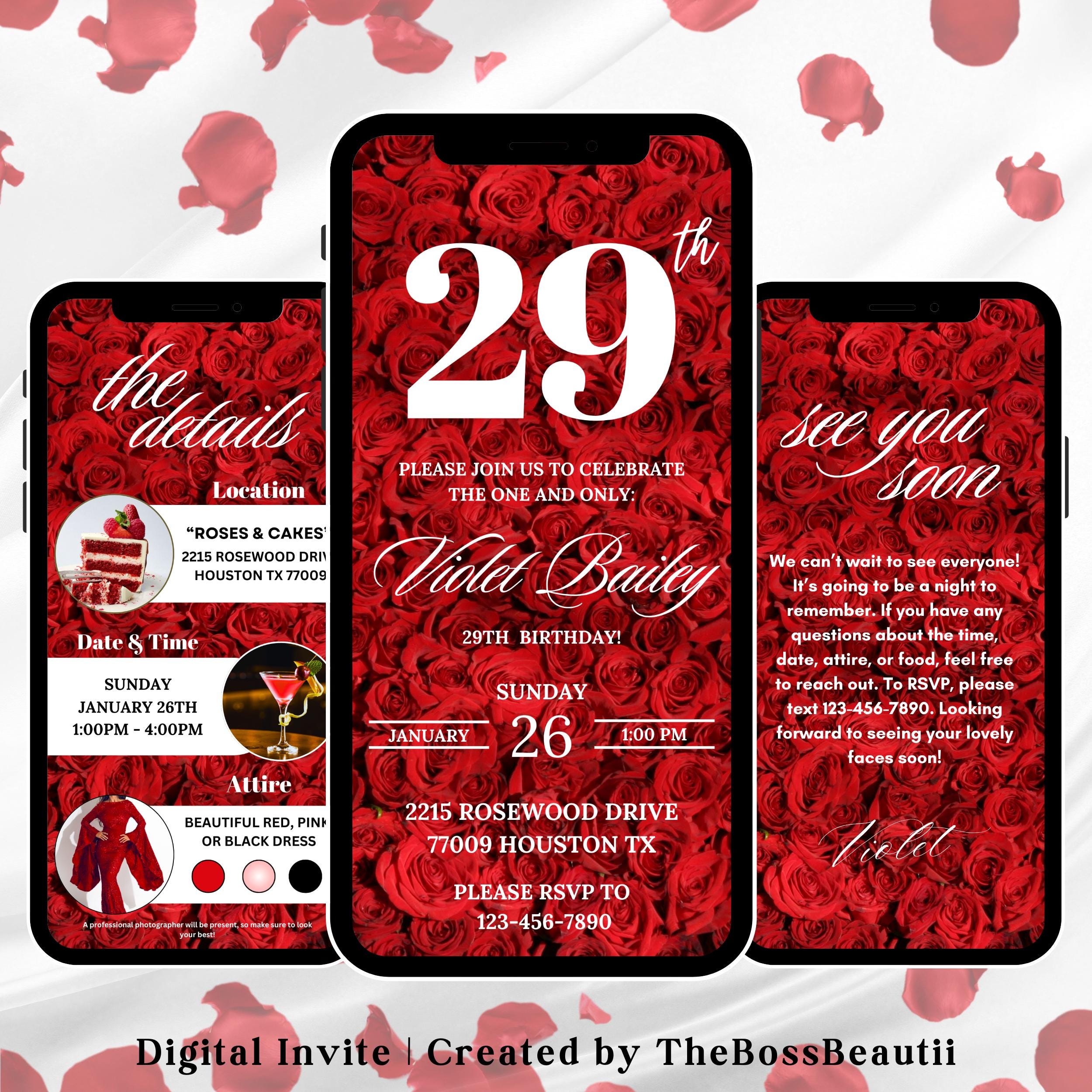 29th Red Rose Birthday Digital Invitation, elegant floral birthday evite, 29th birthday girl, text message invite, Rose Petal dinner invite,