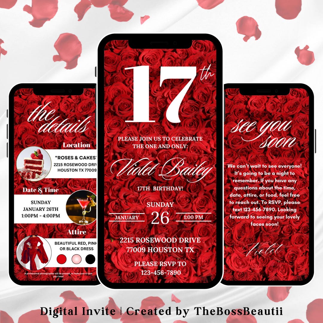 17th Red Rose Birthday Digital Invitation, Elegant Floral Birthday ...