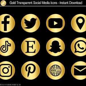 May include: A set of 12 gold social media icons with black silhouettes of popular social media logos. The icons include Facebook, Twitter, YouTube, Google Maps, TikTok, Instagram, Pinterest, a globe, an envelope, and Snapchat.