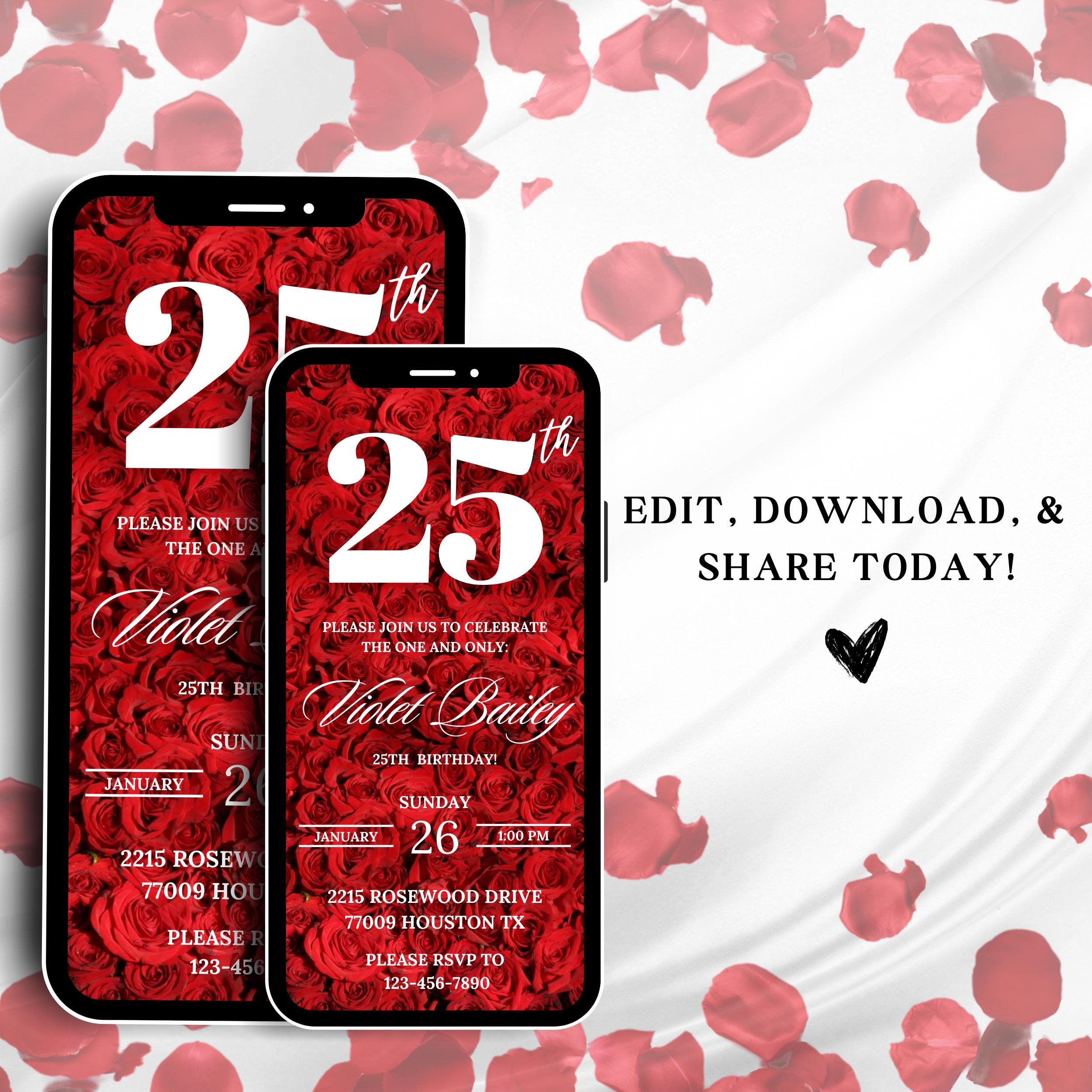 25th Red Rose Birthday Digital Invitation, Elegant Floral Birthday ...