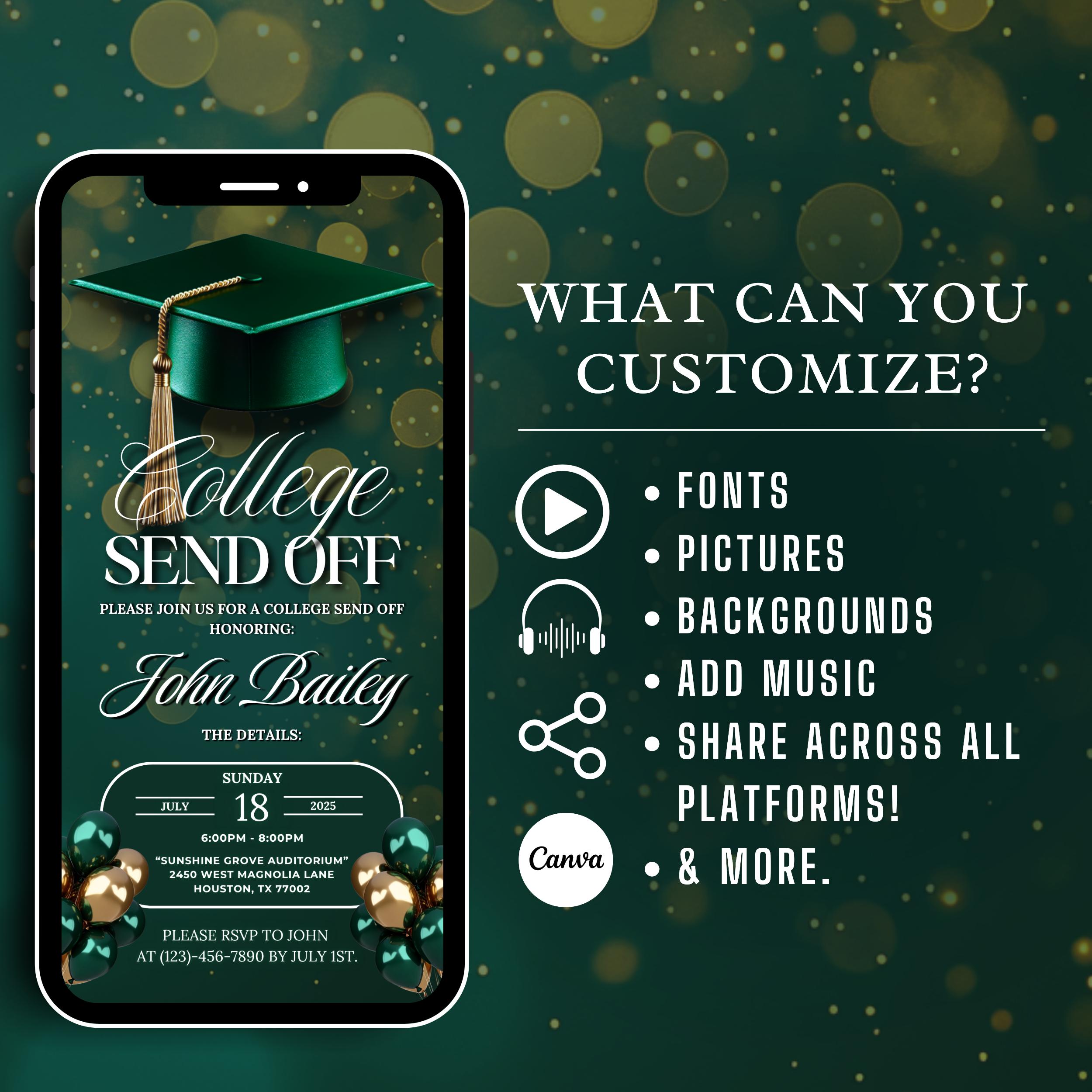 Green and Gold Luxury College Send off Digital Invitation, Graduation ...