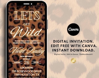 Digitale verjaardagsuitnodiging met luipaardprint, verjaardagsfeestje. Verjaardagsdiner, sjabloon jarig meisje, luipaarduitnodiging, cheetaprint