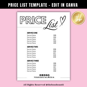 Modelo de lista de preços, download digital, fácil de editar, canva, cabeleireiro, maquiador, técnico em unhas, unhas postiças, técnico em cílios, PL 9