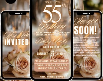 55th Birthday Dinner Digital Invitation, birthday evite, edit in Canva, 55th birthday girl, editable template, Elegant Evite, for women
