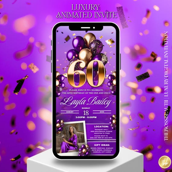 60th Purple and Gold Birthday Invitation With Picture, Turning
