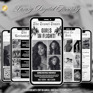 Invito con itinerario su giornale, festeggiata, modello modificabile, weekend di compleanno, viaggio per sole ragazze, programma di viaggio, Miami, Florida, Cancun