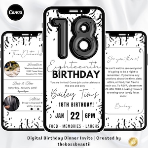 18th Black and White Birthday Party/Dinner Digital Invitation, 18 birthday evite, For men and women, boys and girls template, tbb414