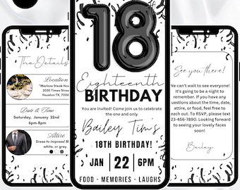 18th Black and White Birthday Party/Dinner Digital Invitation, 18 birthday evite, For men and women, boys and girls template, tbb414