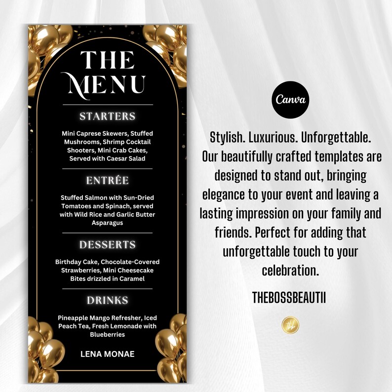 Menu Seeable Birthday Menu Bundle Black and Gold Elegant Birthday Dinner Template ...
