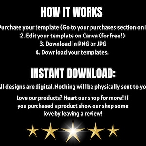 Puede incluir: Texto en blanco y negro sobre fondo negro que explica c&oacute;mo comprar y descargar plantillas digitales. El texto incluye las palabras "HOW IT WORKS", "INSTANT DOWNLOAD", "Etsy", "Canva", "PNG", "JPG" y "Love our products? Heart our shop for more!"