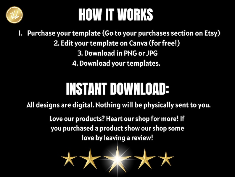Puede incluir: Texto en blanco y negro sobre fondo negro que explica c&oacute;mo comprar y descargar plantillas digitales. El texto incluye las palabras "HOW IT WORKS", "INSTANT DOWNLOAD", "Etsy", "Canva", "PNG", "JPG" y "Love our products? Heart our shop for more!"