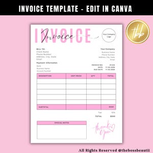 May include: Pink and white printable invoice template with the word "Invoice" in large pink letters. The template includes sections for billing information, payment information, description, unit price, quantity, total, subtotal, tax, and special notes. The template also includes the text "Thank You" with a heart.