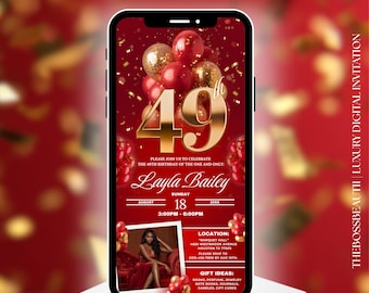 49th Luxury Red and Gold Birthday Invitation with picture, turning forty nine, 49th bday party text message invite, for him and her