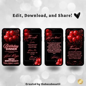 Faire-part numérique rouge pour le dîner d'anniversaire, invitation d'anniversaire, édition Canva, fête d'anniversaire, pour homme et femme, modèle modifiable, tbb10 image 4