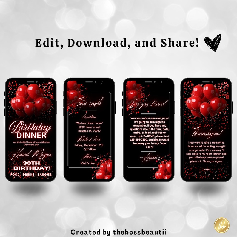 Faire-part numérique rouge pour le dîner d'anniversaire, invitation d'anniversaire, édition Canva, fête d'anniversaire, pour homme et femme, modèle modifiable, tbb10 image 4