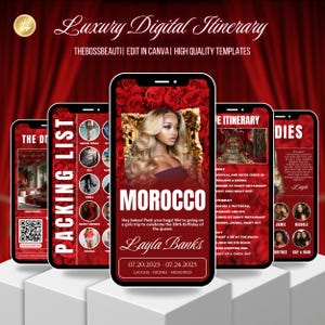 Invito itinerario rosso Marocco, festeggiata, modello modificabile, weekend di compleanno, viaggio per sole ragazze, invito di lusso con bellissime rose