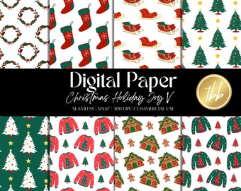 May include: Digital paper set featuring various Christmas-themed patterns. Designs include wreaths, stockings, sleighs, Christmas trees, sweaters, and gingerbread houses. The text "Digital Paper Christmas Holiday Joy V" is displayed.