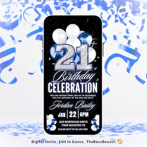 Puede incluir: Una invitación digital para una celebración de cumpleaños número 21. El diseño presenta un fondo negro con globos blancos y azules, y confeti azul. El texto incluye el nombre "Jordan Bailey", la fecha, la hora y la dirección. Las palabras "Birthday Celebration" se muestran de forma destacada.