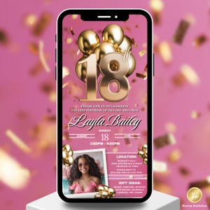 18th Luxury Pink and Gold Birthday Invitation with picture, She&#39;s turning eighteen, for her, 18th birthday  party invite beautiful