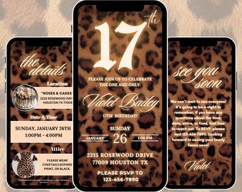 17th Leopard Print Birthday Digital Invitation, birthday party evite . 17 birthday girl, editable template, Leopard Invite, cheetah print