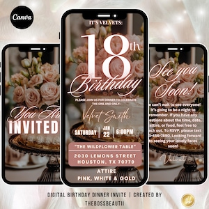 18th Pink Birthday Dinner Digital Invitation, 18th birthday evite, DIY Canva, birthday girl, editable template, floral pink party, tbb487