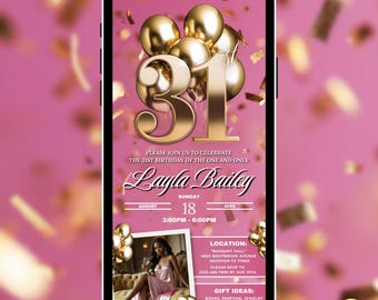 Invitación de cumpleaños de lujo rosa y dorado número 31 con imagen, cumple treinta y un años, para ella, invitación con mensaje de texto para fiesta de cumpleaños número 31