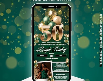 50th Luxury Green and Gold Birthday Invitation with picture, turning fifty, for boys and girls, 50th birthday party text message invite 50