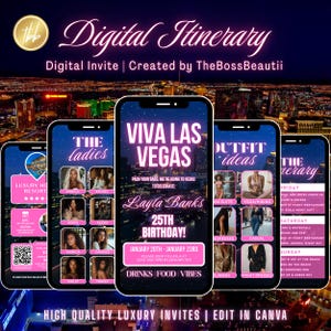 Invitación de itinerario de fin de semana de Viva Las Vegas, invitación de itinerario, cumpleañera, plantilla editable, viaje de chicas, vacaciones, itinerario rosa