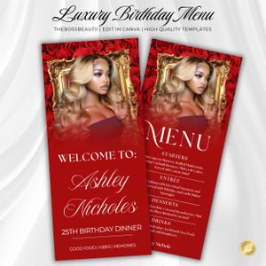 Może przedstawiać: Czerwone menu urodzinowe z portretem kobiety w złotej ramie. Tekst brzmi "Luxury Birthday Menu", "Witamy Ashley Nicholes" i "25. kolacja urodzinowa". Menu zawiera przystawki, dania główne, desery i napoje.