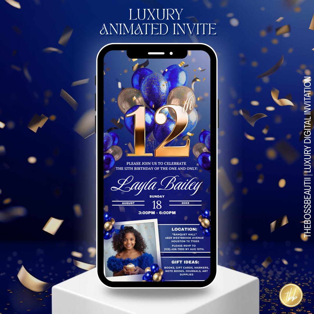 12th Luxury Blue and Gold Birthday Invitation With Picture, Turning ...