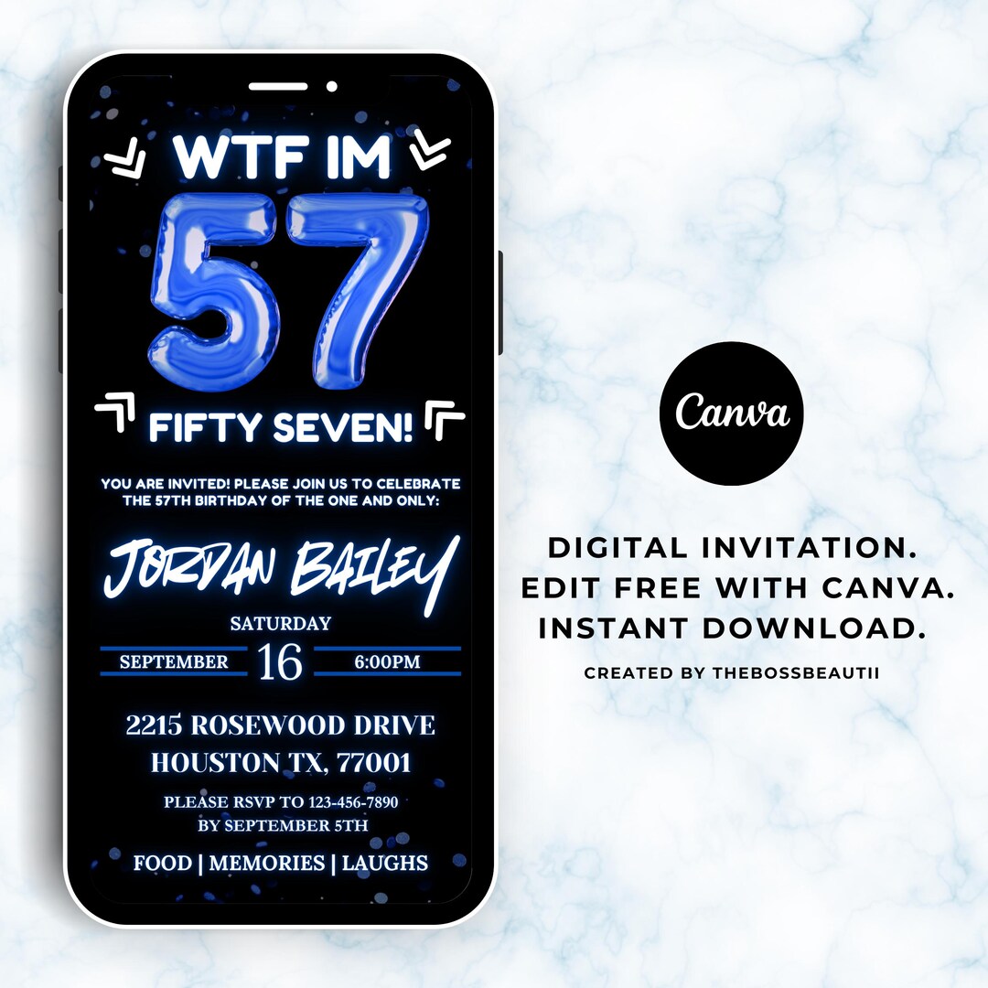 57th Blue Digital Invitation, Birthday Evite, Edit in Canva, 57th Bday ...