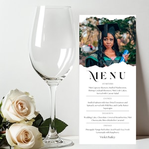 Abschlussfeier-Menü-Vorlage, Abschlussfeier-Menü-Vorlage, Elegante Menüvorlage, Luxus-Menü, Bearbeitbares Tischmenü, Hochzeitsmenü-Vorlage