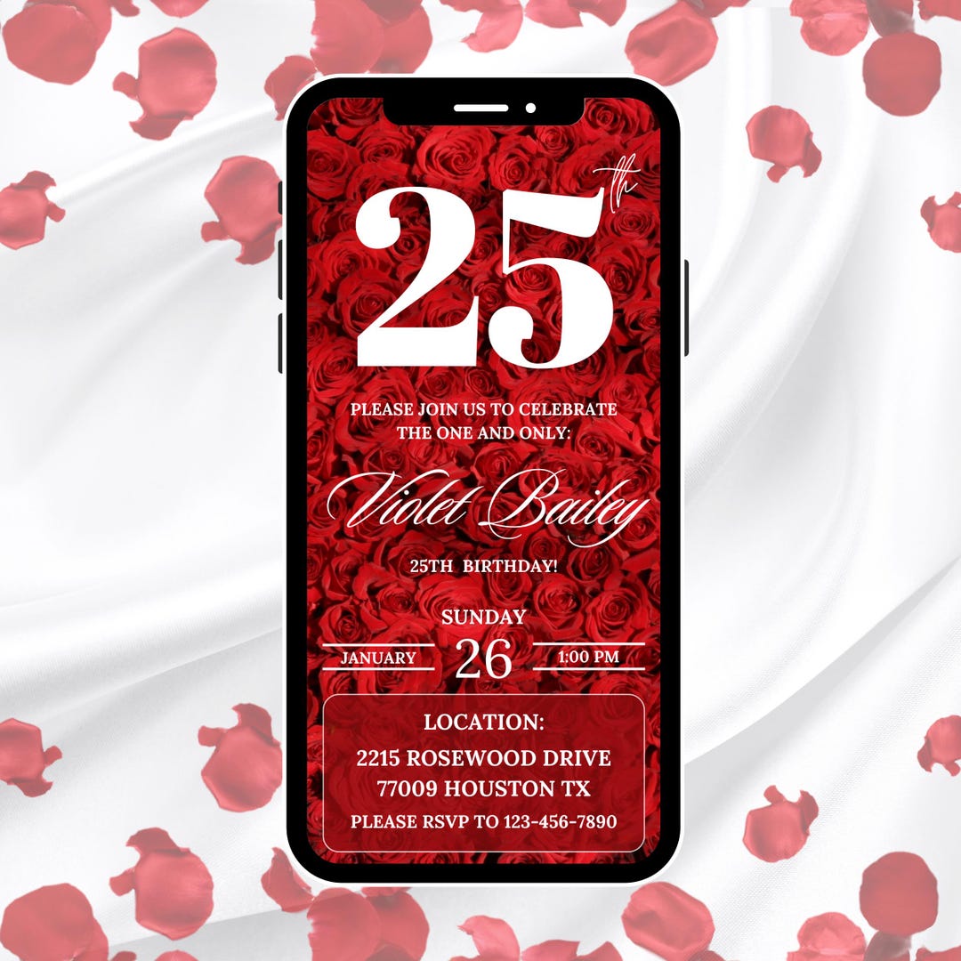 25th Red Rose Birthday Digital Invitation, Elegant Floral Birthday ...