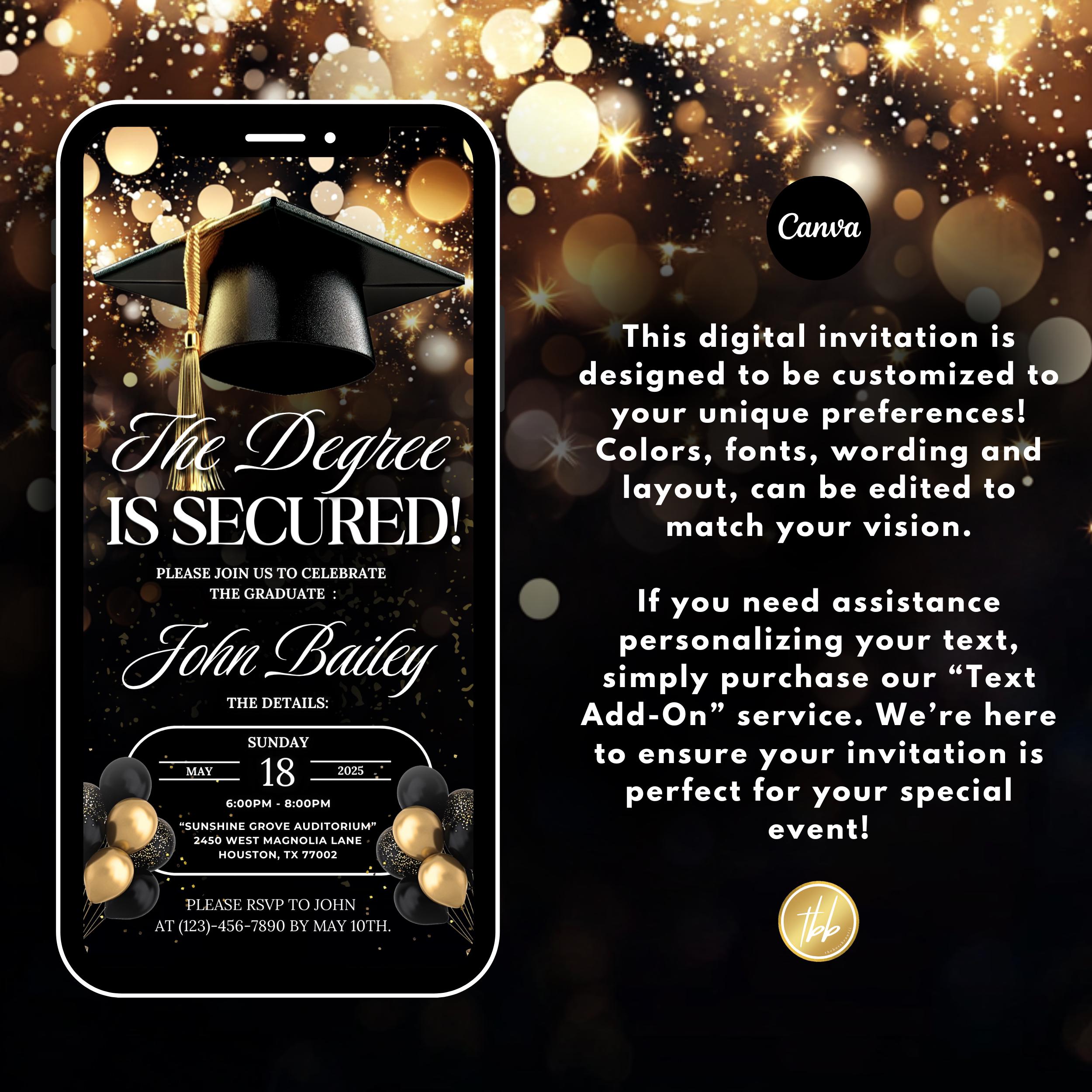 Black and Gold Luxury Graduation Digital Invitation, Graduation Party ...