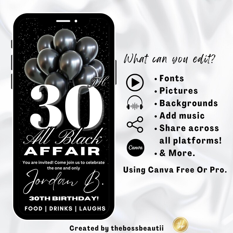 Pode incluir: Um convite digital em preto e branco para uma festa de anivers&aacute;rio de 30 anos. O convite apresenta um grande n&uacute;mero "30" com o texto "All Black Affair" e o nome "Jordan B." O convite tamb&eacute;m inclui o texto "30th Birthday!" e "Food | Drinks | Laughs".