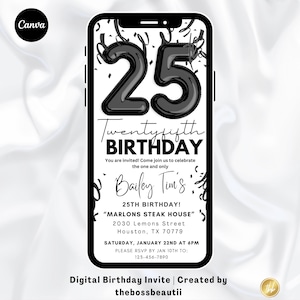 25. Schwarz und weiße Geburtstags-Party Einladung, Einladung zum 25. Geburtstag, für Männer und Frauen, Jungen und Mädchen, tbb427