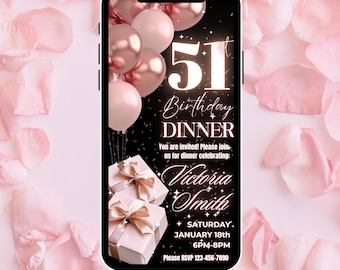 51st Pink Birthday Dinner Digital Invitation, 51 birthday evite, edit in Canva, birthday girl, editable template, All Pink, Rose Gold Party