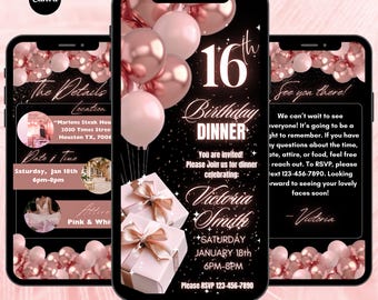 Könnte beinhalten: Eine digitale Einladung zu einem 16. Geburtstags-Dinner. Die Einladung zeigt einen schwarzen Hintergrund mit rosa und goldenen Ballons, Geschenkboxen und Konfetti. Der Text auf der Einladung lautet "16th Birthday Dinner", "Victoria Smith", "Samstag, 18. Januar 18:00-20:00 Uhr", und "Bitte RSVP 123-456-7890".