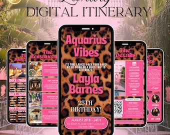 Aquarius Pink Leopard Print Itinerary Invitation, birthday girl, editable template, Birthday Weekend, trip schedule, Cheetah Print