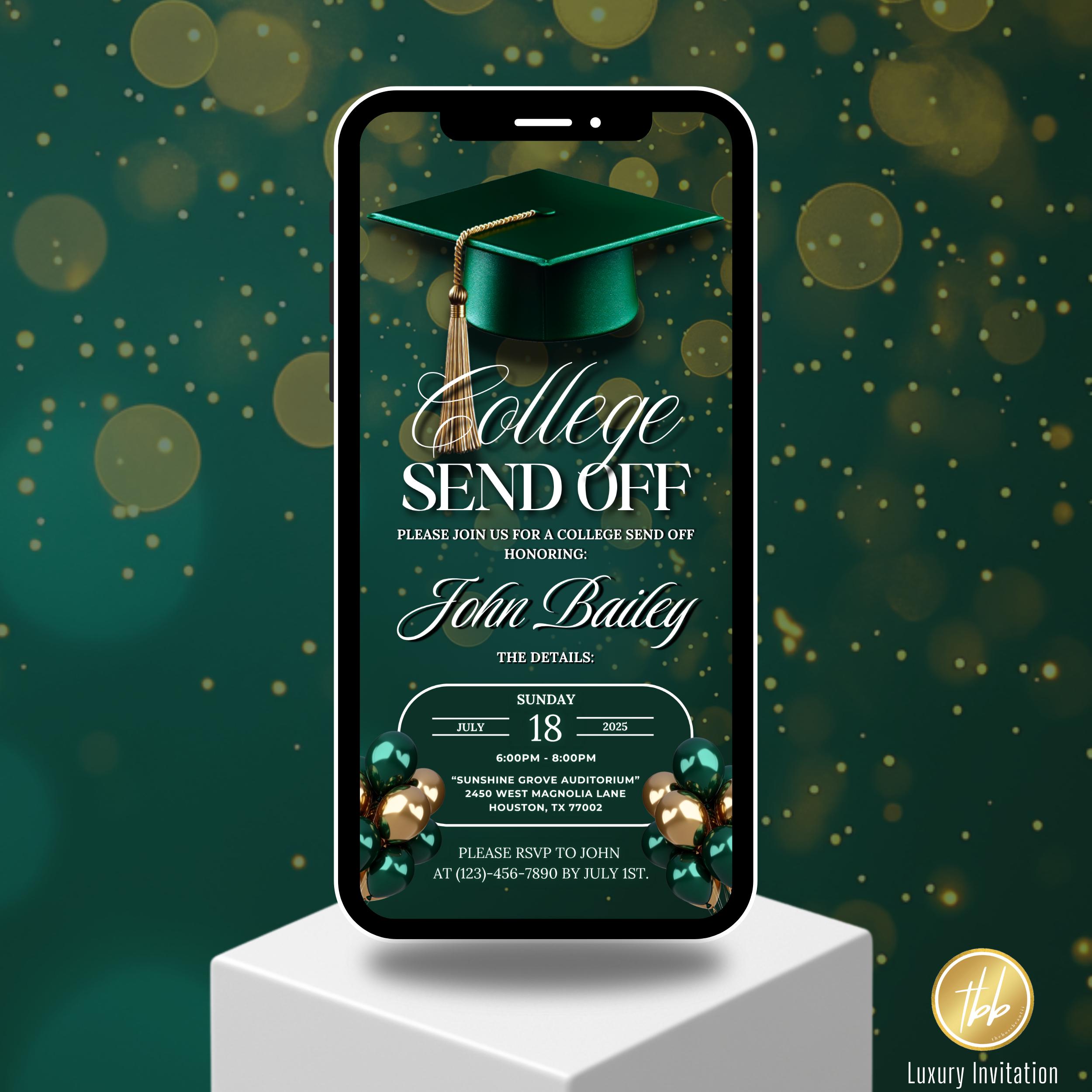 Green and Gold Luxury College Send off Digital Invitation, Graduation ...