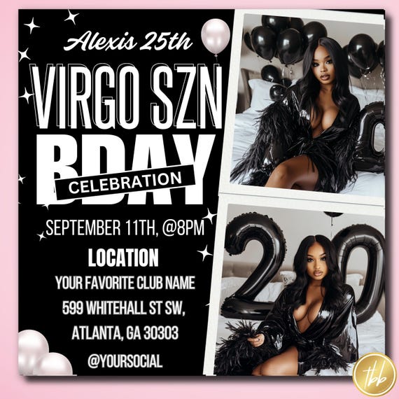 Virgo Season Party Flyer, August Bday Virgo Szn Flyer, All black, Invitation Flyer, Silver Birthday Event, Social Media Flyer, Premade Flyer