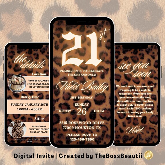 21st Leopard Print Birthday Digital Invitation, birthday party evite . 21 birthday girl, editable template, Leopard Invite, cheetah print