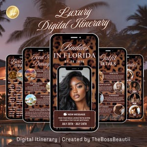 Invito con itinerario con stampa leopardata in Florida, festeggiata, modello modificabile, weekend di compleanno, viaggio per sole ragazze, programma di viaggio, stampa ghepardo