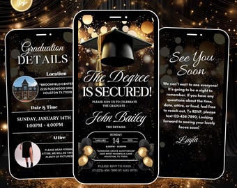 Black and Gold Luxury Graduation Digital Invitation, Graduation Party, Graduation Ceremony, For Boys and Girls, For men and women