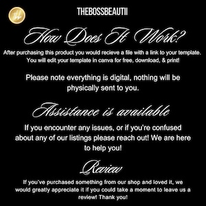K&ouml;nnte beinhalten: Schwarze Grafik mit wei&szlig;em Schrifttext, der die Funktionsweise des Produkts, digitale Dateien und Unterst&uuml;tzung erkl&auml;rt. Der Shop-Name "THEBOSSBEAUTII" steht oben.
