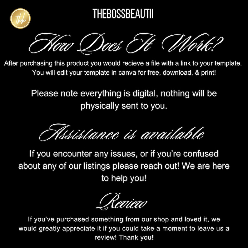 K&ouml;nnte beinhalten: Schwarze Grafik mit wei&szlig;em Schrifttext, der die Funktionsweise des Produkts, digitale Dateien und Unterst&uuml;tzung erkl&auml;rt. Der Shop-Name "THEBOSSBEAUTII" steht oben.