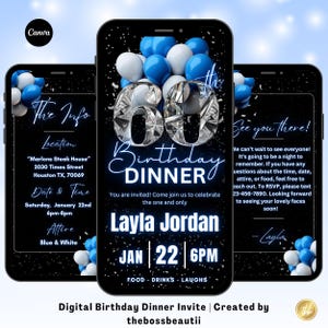 60th Blue Birthday Dinner Digital Invitation, 60th birthday evite, edit in Canva invitation, editable template, Blue and White Evite, tbb133